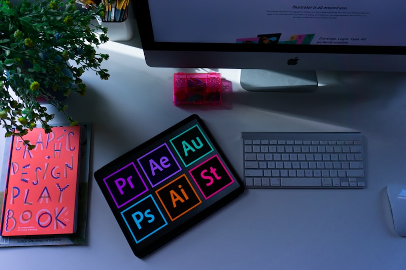 Designer's desk with a graphic design playbook and creative software icons